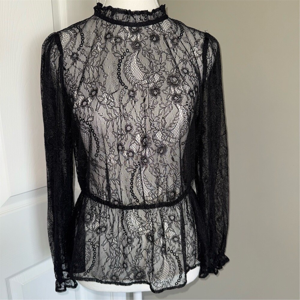 Banana Republic Blouse Womens M Petite Black Sheer Floral Lace High Neck Goth